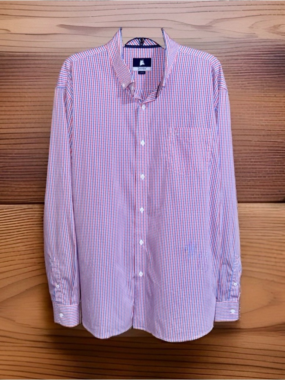 Silver Fox Vibrant Red White Blue Micro-Check Long Sleeve Button-Up Shirt-XL-EC